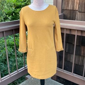 Mustard gold Cynthia Rowley mini shift dress long sleeve with micro ruffle Small